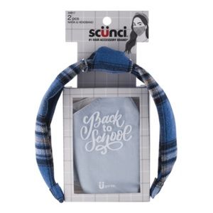 🔥5/$25🔥Scunci “Back To School” Blue Plaid Mask & Headband Set